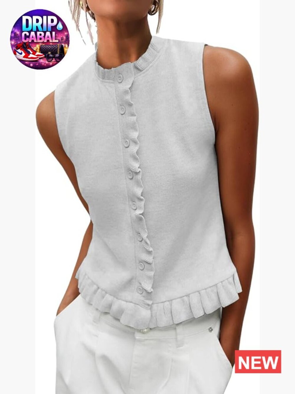 Sleeveless Sweater Vest Mockneck Button Down Ruffle Trim Tank Top